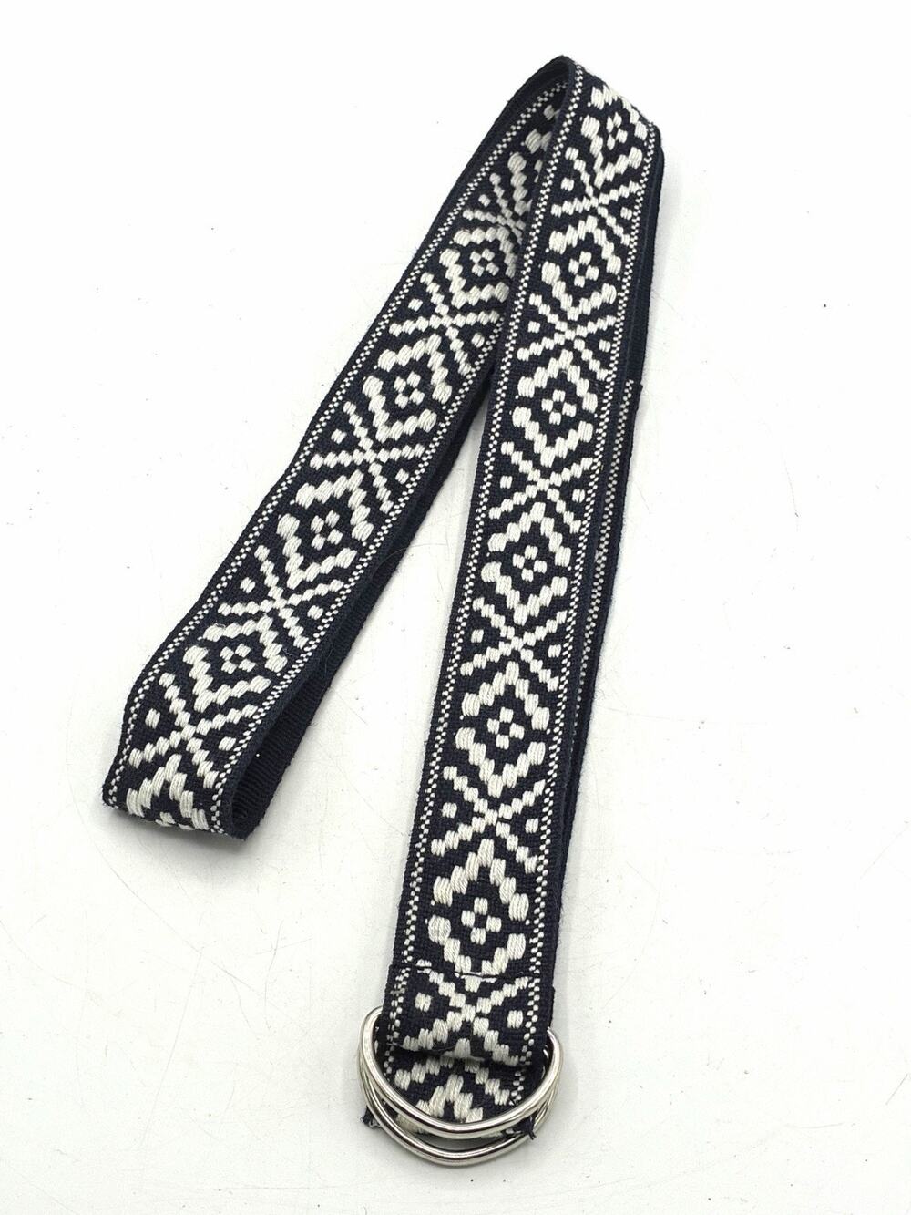 Vintage Navy White Woven D Ring Belt Boho Scandinavian Folk Size 12